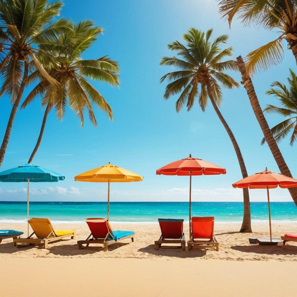A scenic beach with a diverse group of people wearing various stylish beachwear, showcasing colorful swimsuits, cover-ups, and accessories. The background features golden sand, turquoise waves, and palm trees swaying in the breeze. A vibrant beach umbrella and a sunlounger add to the relaxing atmosphere. The overall mood captures fun, adventure, and choice in beachwear. vibrant colors. super-realistic. sunny backdrop.