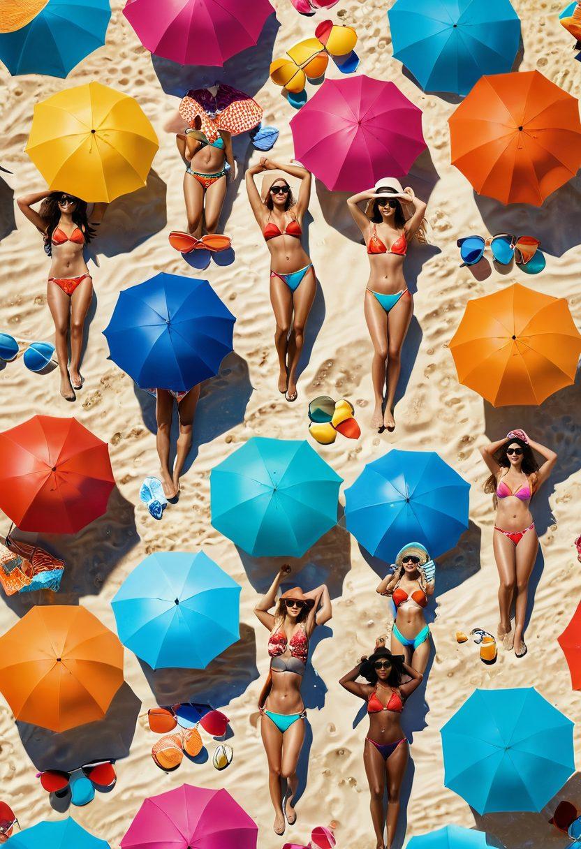 A vibrant beach scene showcasing various stylish bikinis on models of diverse body types, lounging under colorful umbrellas, and playing on the sand. Include accessories like sunglasses, beach hats, and towels to evoke a lively summer vibe. Capture the sparkling ocean waves in the background and sunlit skies to enhance the allure of beachwear fashion. vibrant colors. super-realistic. summer aesthetic.